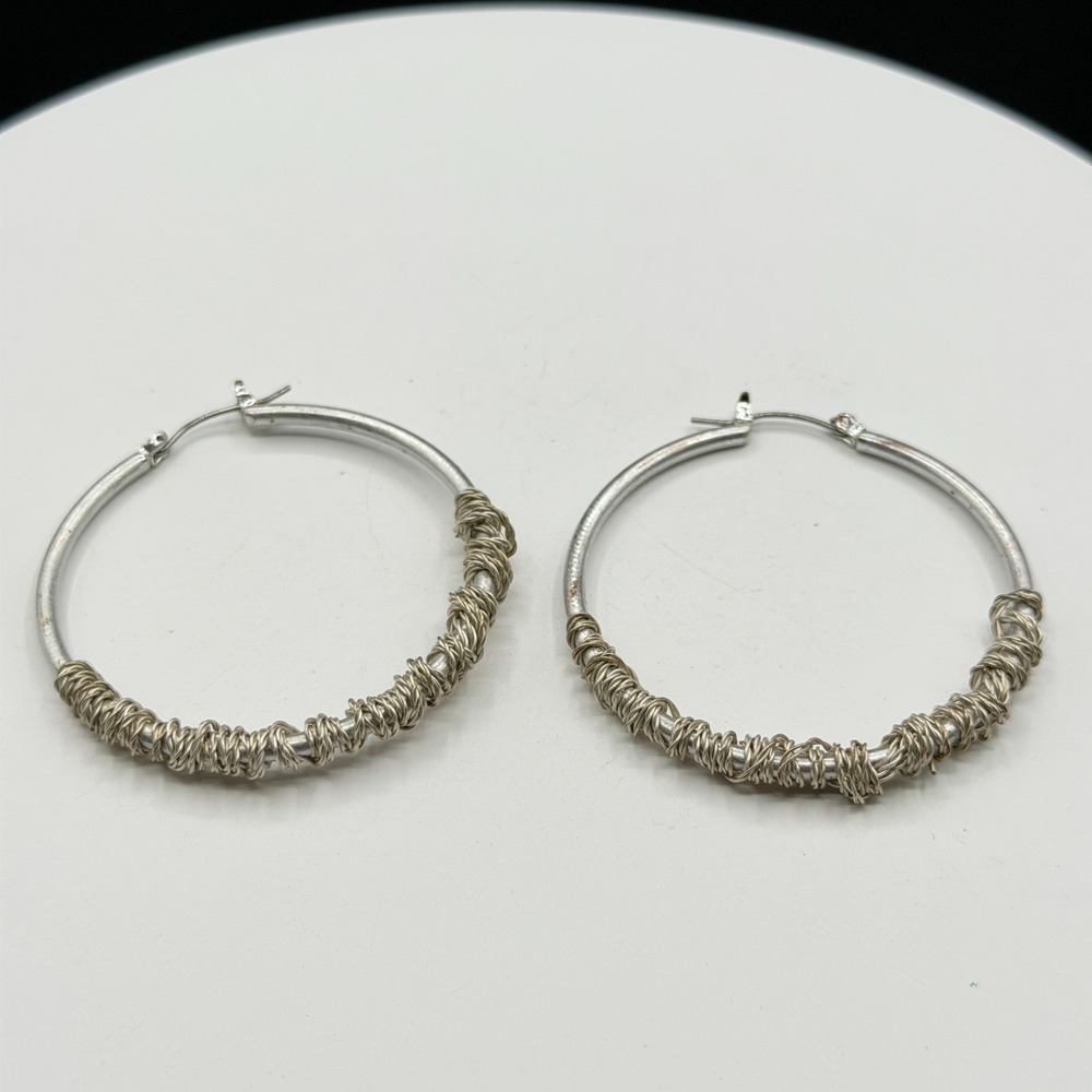 Silver Tone Wire Wrapped Hoop Earrings Large Boho Artisan Statement Gift Classic
